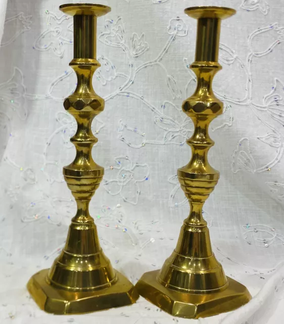 Pair of Tall 11" English Victorian Beehive Brass Push Up Candlesticks