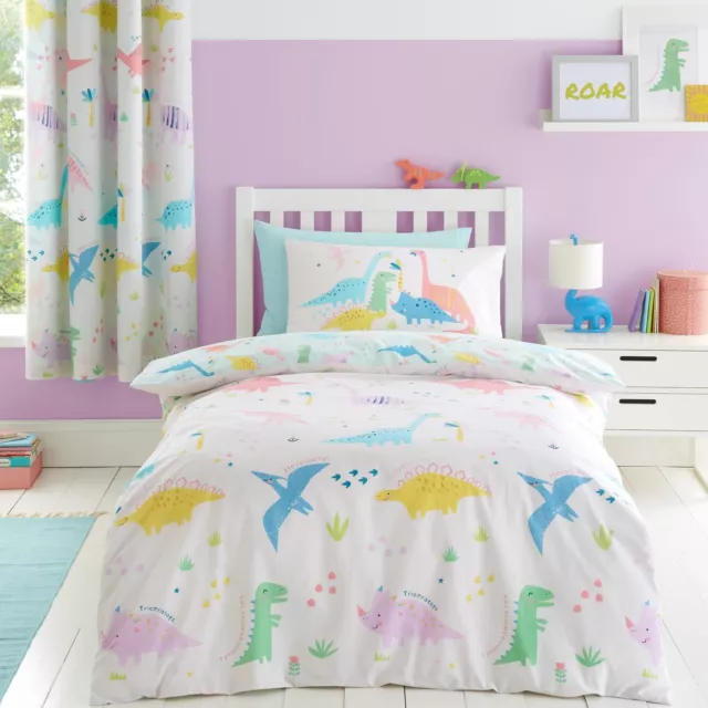 Dinosaur Friends Childrens Duvet Cover Set Pastel T Rex Kids Bedding & Curtains