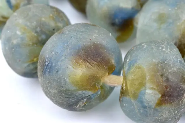 Super Jumbo Brown Blue Swirl Recycled Glass Beads 34mm Ghana African Sea Glass