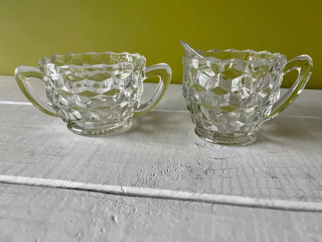 Vintage Clear Cube by JEANNETTE Depression Glass Creamer and Sugar Bowl Cubist