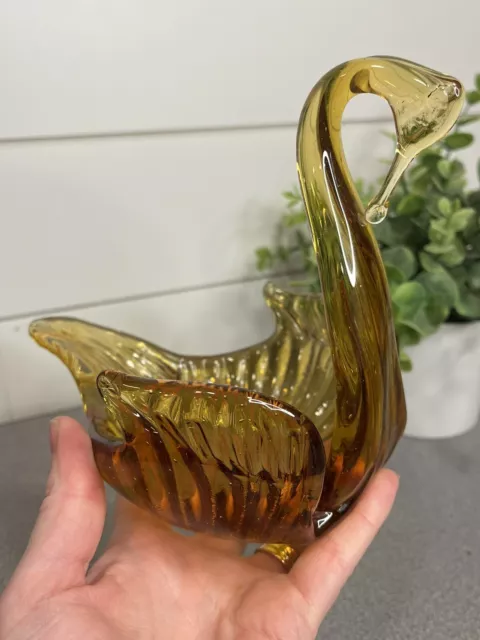 ART GLASS Vintage Hand Blown Amber Glass SWAN Bird Candy Dish Bowl Mid Century