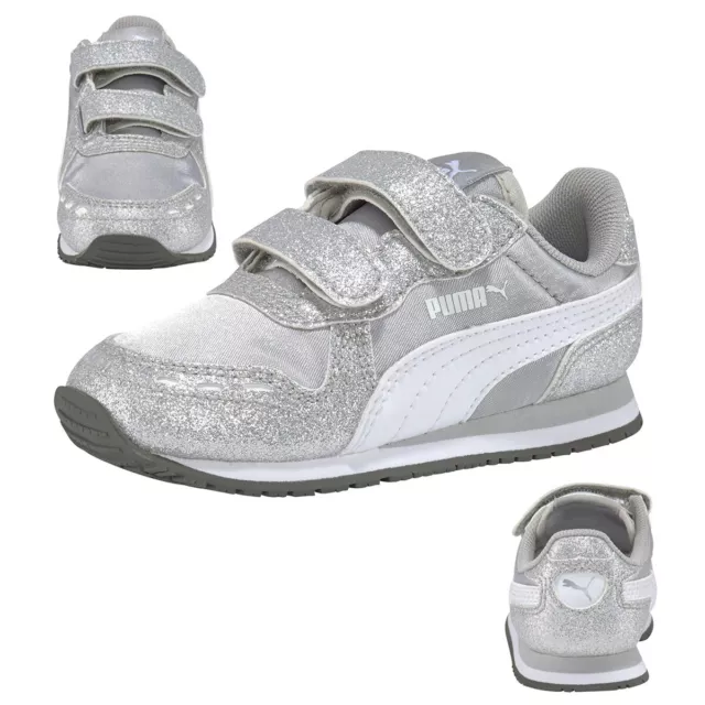 PUMA Cabana Racer Glitz V PS Kids Sneaker Schuhe Mädchen Silber 370985