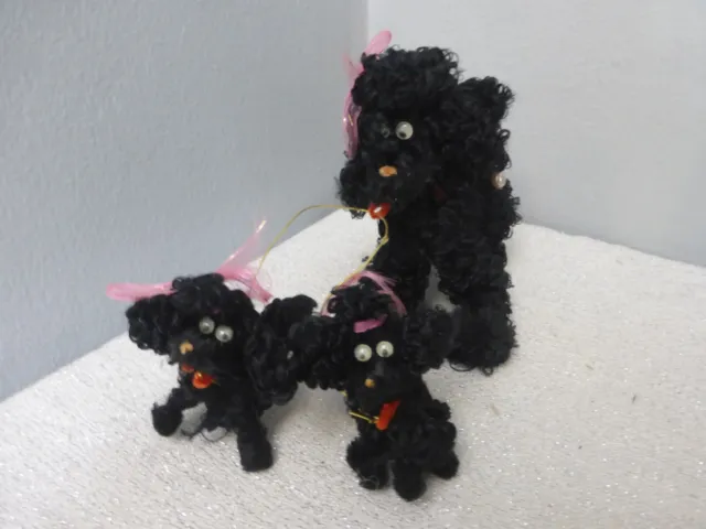 Vintage MCM Chenille Pipe Cleaner Black Poodle Dogs Mama Pupplies w/Google Eyes
