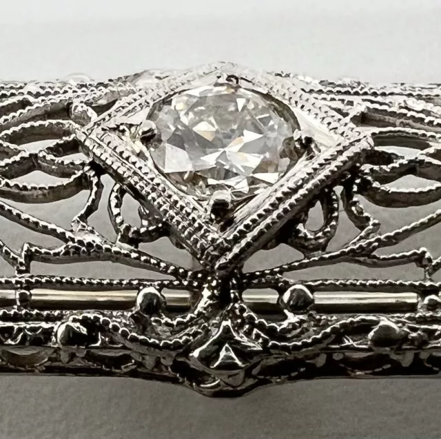 14K White Gold & Diamond Art Deco Floral Filigree Bar Pin / Brooch