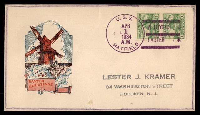 MAYFAIRSTAMPS USS HATFIELD 1934 A Joyous Easter Naval Cover aag_98571