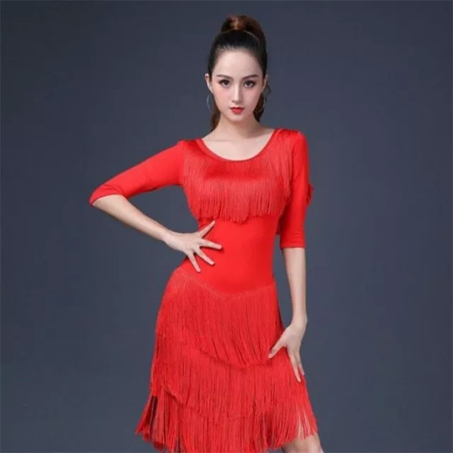 Women Latin Dance Dress Salsa Dancewear Tassel Ballroom Tango Black Red 3