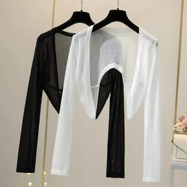 Donna Corto Maglia Cardigan Coprispalle Top Aperto Davanti Manica Lunga Sottile