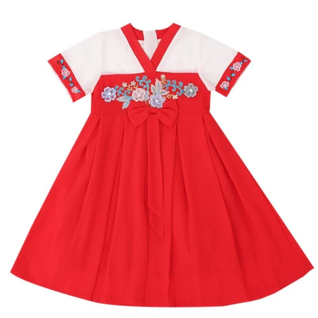 Vestito Bambina Chiffon Floreale Ricamo Cinese Hanfu Manica Corta Fiocco Abito