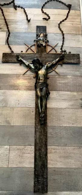 * Extremely Rare Antique Catholic Church Altar Hanging Rood Cross Crucifix 48.5" * Extremely Rare Antique Catholic Church Altar Hanging Rood Cross Crucifix 48.5"