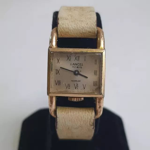 Montre Vintage LANCEL Paris Plaqué Or Femme Bracelet en Cuir