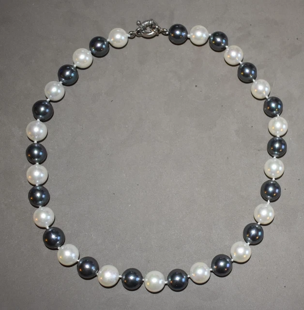 Collier Ras De Cou Torsade 3 Rangs - Perles Verre Nacrées Et Chips D'onyx, 39 Cm - Occasion