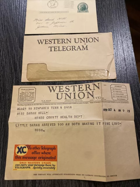 1939 Western Union Telegram Birth Announcement Baby Girl W/Envelope And Postcard