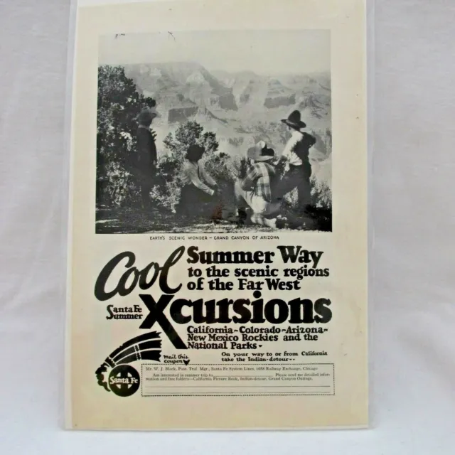 1928 Santa Fe Railway Railroad Grand Canyon Summer Excursions Original Print Ad