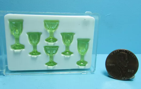 Dollhouse Miniature Chrysnbon Green Stemware Glass Set Crystal Cut CB38G