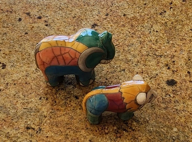 Raku Pottery Elephant and Lion Hand Painted Figurines 3