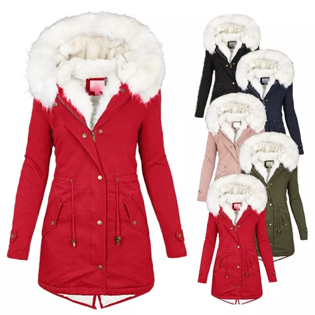 Giacca con cappuccio donna caldo cappotto lungo pelliccia pile inverno parka cappotto massello top UK ~