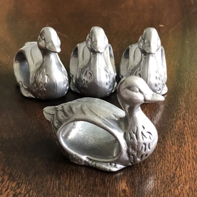 Shafford Duck Napkin Ring Holders Pewter Metal Silver India Home Decor Set of 4