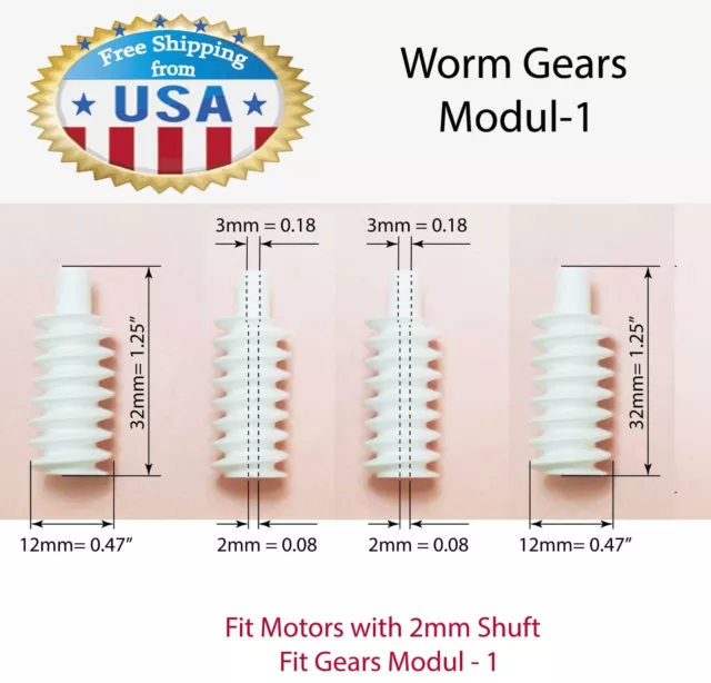 5 X Plastic Worm Gear for 2 mm Shafts - L=32 mm,  OD=12 mm, 1.9 mm ID for 2.0 mm