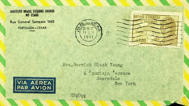 SEPHIL BRAZIL 1951 3.80cr ON AIRMAIL COVER FROM BELEM TO NEW YORK USA