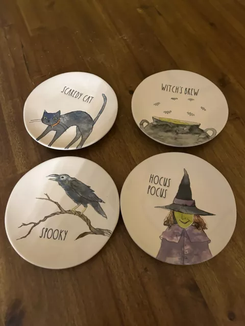 Rae Dunn HALLOWEEN PLATES  6"  Hocus Pocus Spooky Witch's Brew & Cat Set of 4NEW