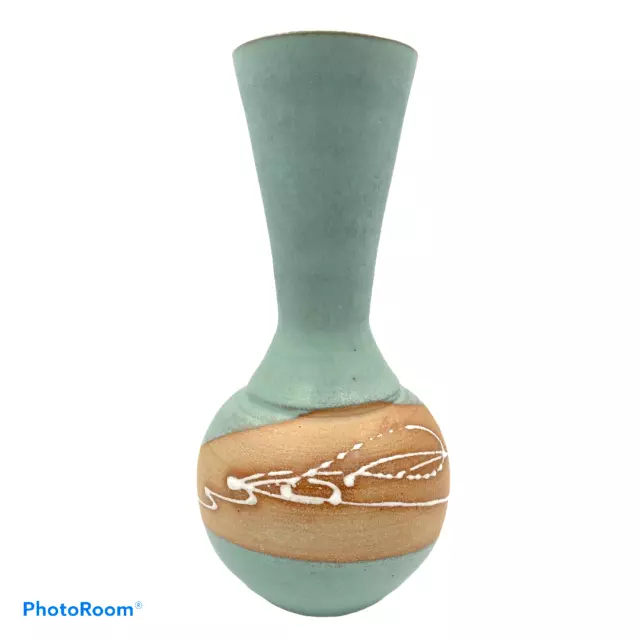 Mid Century Style Aqua Blue Stoneware Vase Signed Studio Art Pottery MCM