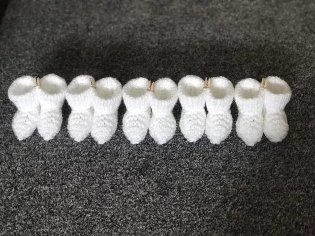 New Hand Knitted Baby Booties In Plain White First Size 0/3 Months  Bundle Of 5