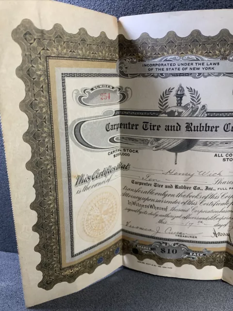 CARPENTER TIRE AND RUBBER CO. INC.  STOCK CERTIFICATE, 1922 Henry Wick 10 Shares 3