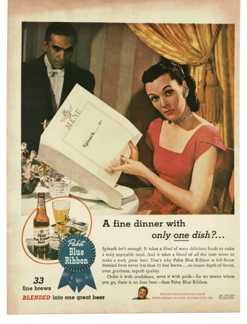 1945 Pabst Blue Ribbon Beer Fine Dinner with 1 item Menu Vintage Print Ad