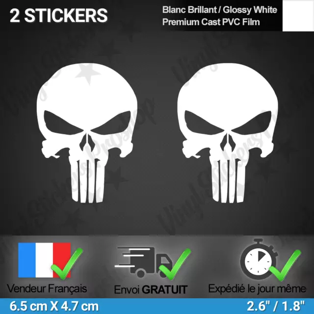 2 stickers PUNISHER Blanc Tête de Mort Skull Autocollant moto décoration sport