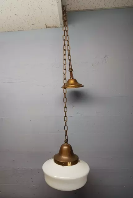 Antique Brass Schoolhouse Hanging Pendant Light Fixture 12" Milk Glass Shade