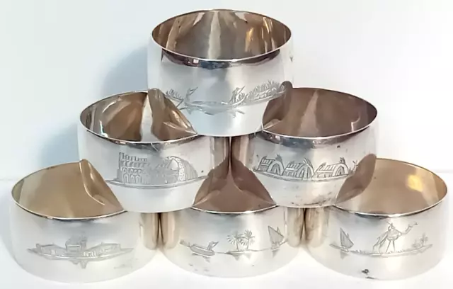 Beautiful Set of 6 Antique Iraqi Engraved Silver Napkin Rings Baghdad c1930