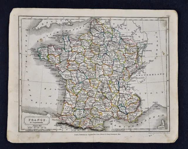 c 1840 Sydney Hall Map France in Departments - Paris Lyon Marseilles Tour de