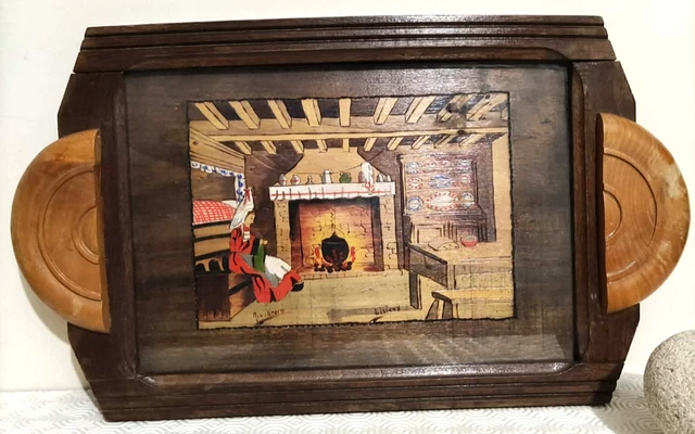 Magnifique plateau en bois et métal décoré signé Dope - Vintage