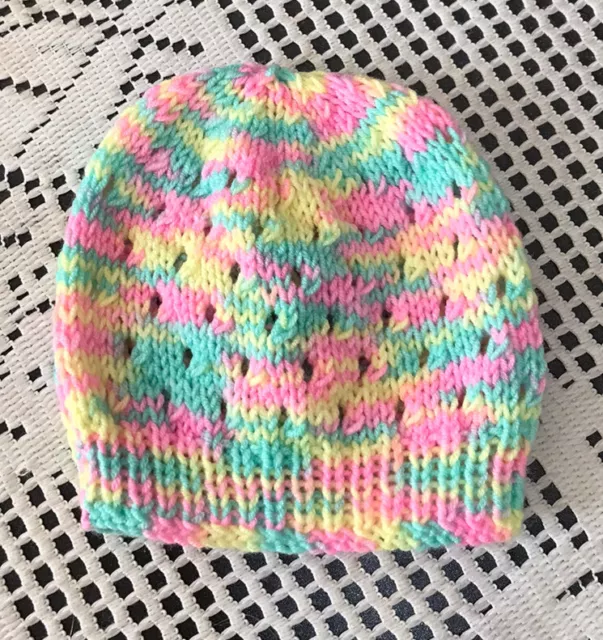 Brand New Hand Knitted Pink/Multi Colour Baby Girls Hat Size  Newborn Approx