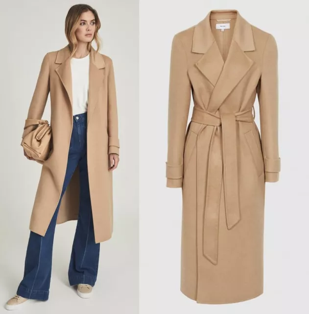 REISS LEAH WOOL Blend Belted Longline Overcoat Jacket Coat in