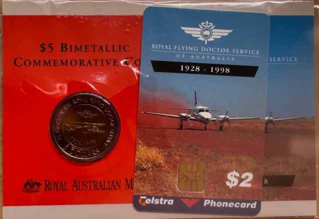 1998 Royal Flying Doctors - Bimetallic $5 Coin on Card with Phone-card - Mint