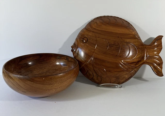 GUMPS Hawaii 1940s Native Wood Art Hand Carved Fish Motif 2 Pc Lidded 16” Bowl