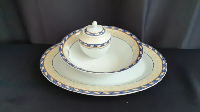 3 Pieces of Studio Concept Porcelain: Platter Bowl Lidded Pot: White Blue Yellow