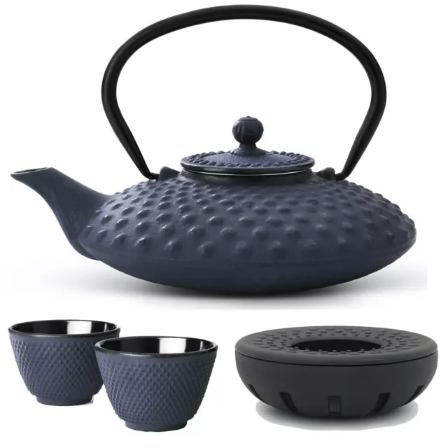 Asia Teekannen Set 0.8 L blau Stövchen 2 Becher Teeservice Gusseisen & Tee-Sieb