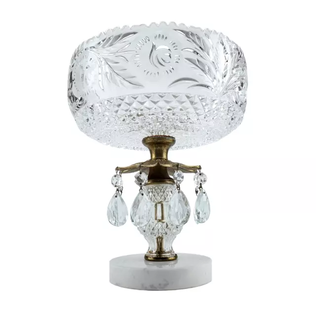 Vintage Crystal Glass Brass Marble Pedestal Centerpiece Bowl Tear Drop Prisms