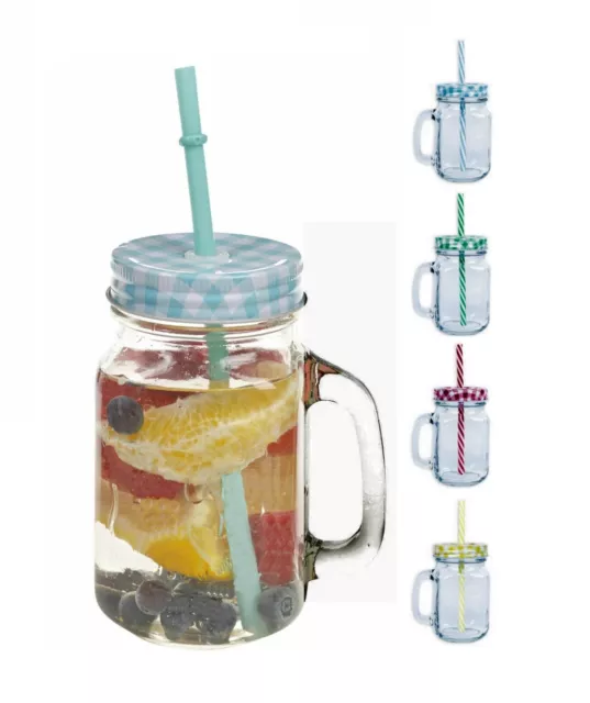 Glass Mason Jam Jars Drinking Glasses Cocktail Party with Straw & Lid, 420ml