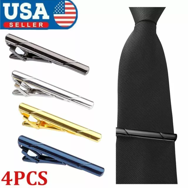 4PCS Mens Stainless Steel Tie Clip Necktie Bar Clasp Clamp Pin Black Silver Gold