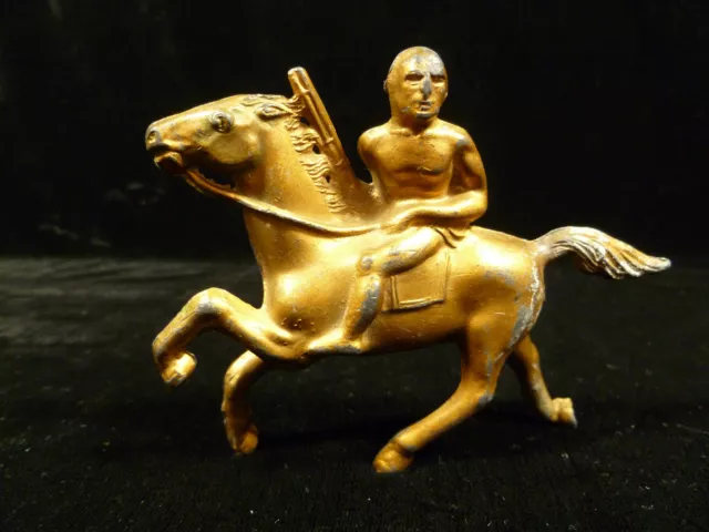 Vintage Gilt Cast Metal Gun-Toting Native American Indian On Horseback Figurine