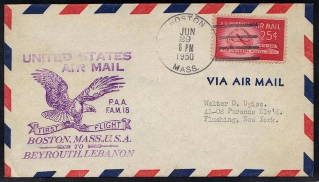 Lebanon-Us 1950 Erste Flug Boston Sich Beirut F. A.M. 18