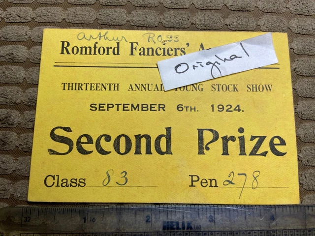 Romford Fanciers Assoc. Annual Young Stock Show 1924 - Second Prize Certificate