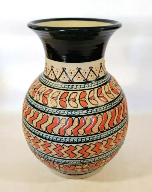 Large Tall Hand Painted Pottery Vase Mexico Signed by Javier Servin 9.5" tall