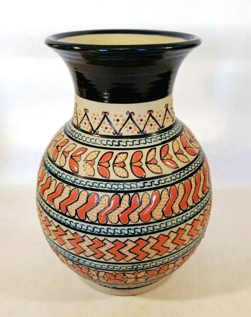 Large Tall Hand Painted Pottery Vase Mexico Signed by Javier Servin 9.5" tall