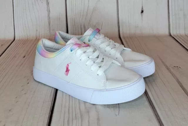 Ralph Lauren Polo Kids White Embroidered Pony Canvas Sneakers Rainbow Size 4Y