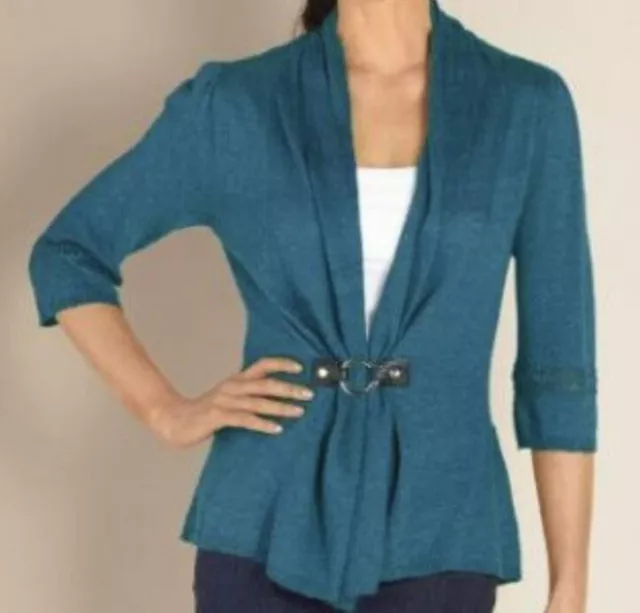 Soft Surroundings Women’s Linen Blend 3/4 Sleeve Cardigan Sweater Blue Medium