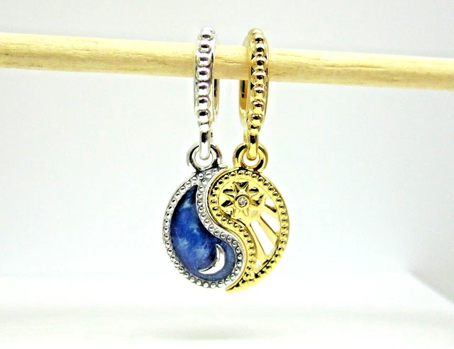 Authentic PANDORA #762678C01 Two-tone Splittable Sun & Moon Dangle Charm